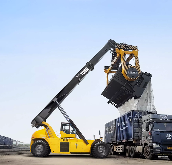 "Reach stacker in action lifting and stacking shipping containers at a busy port terminal, showcasing its powerful telescopic boom and maneuverability."